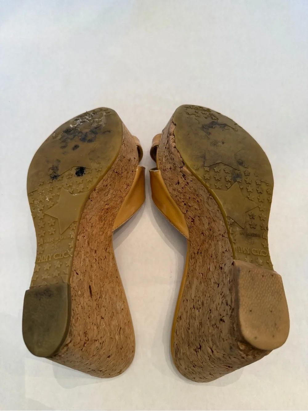 Jimmy Choo Yellow Patent Cork Platform Wedge Sandals